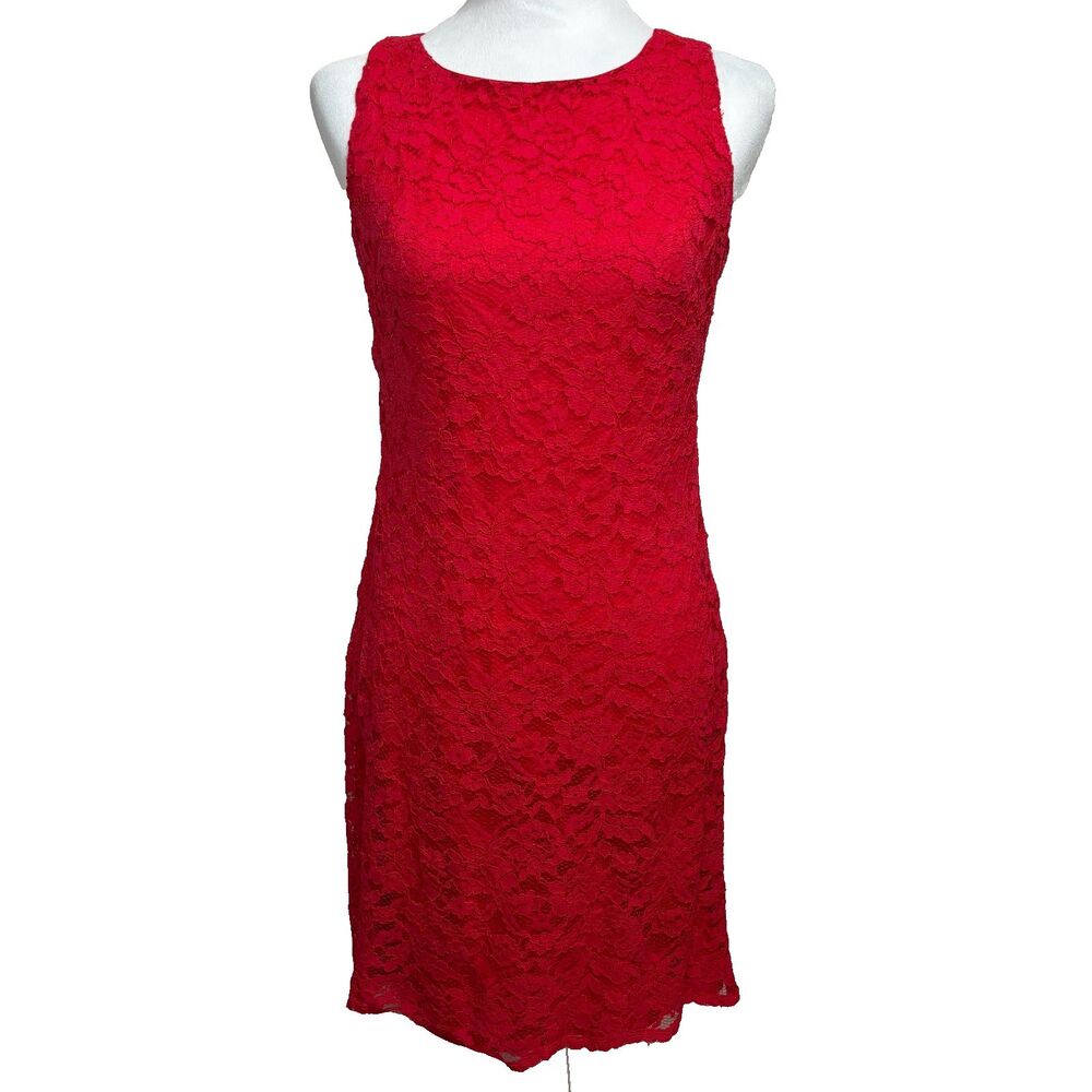 Chaps Dress Red Floral Lace Sleeveless Sheath Cocktail Wedding Guest 2